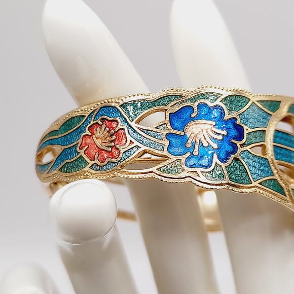 Vintage Cloisonné Hinged Bracelet 6 3/4" Blue Green Floral Enamel Gold Tone - Picture 5 of 10